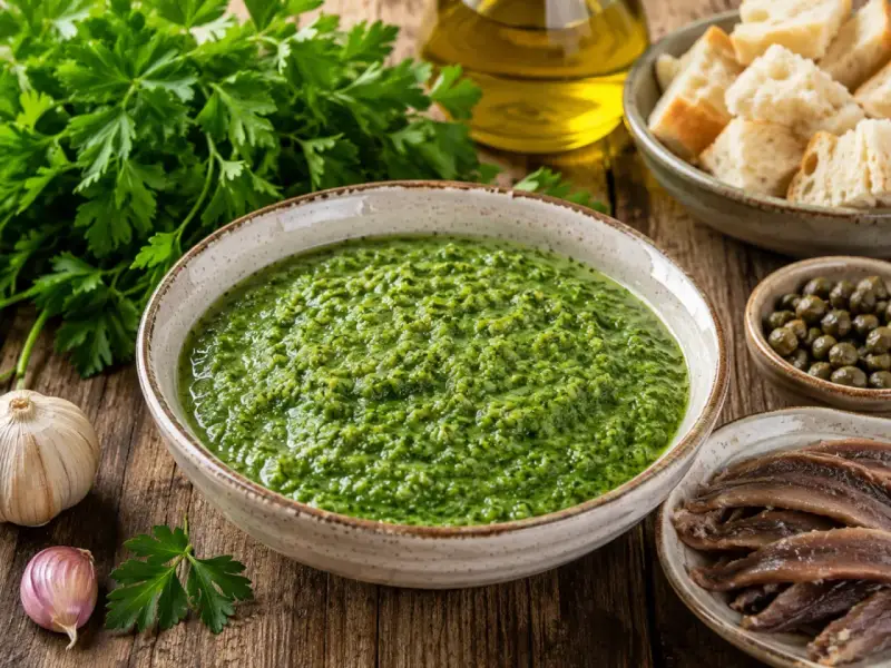 Una ciotola di salsa verde, perfetta per la tua ricetta, con ingredienti freschi come prezzemolo, aglio, capperi e acciughe.